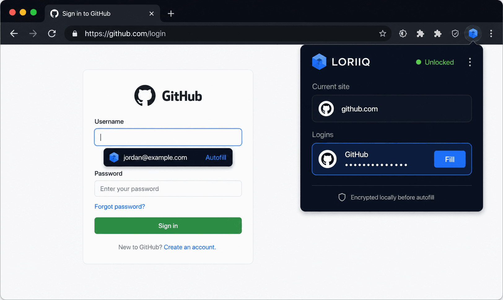 LORIIQ browser extension autofill interface